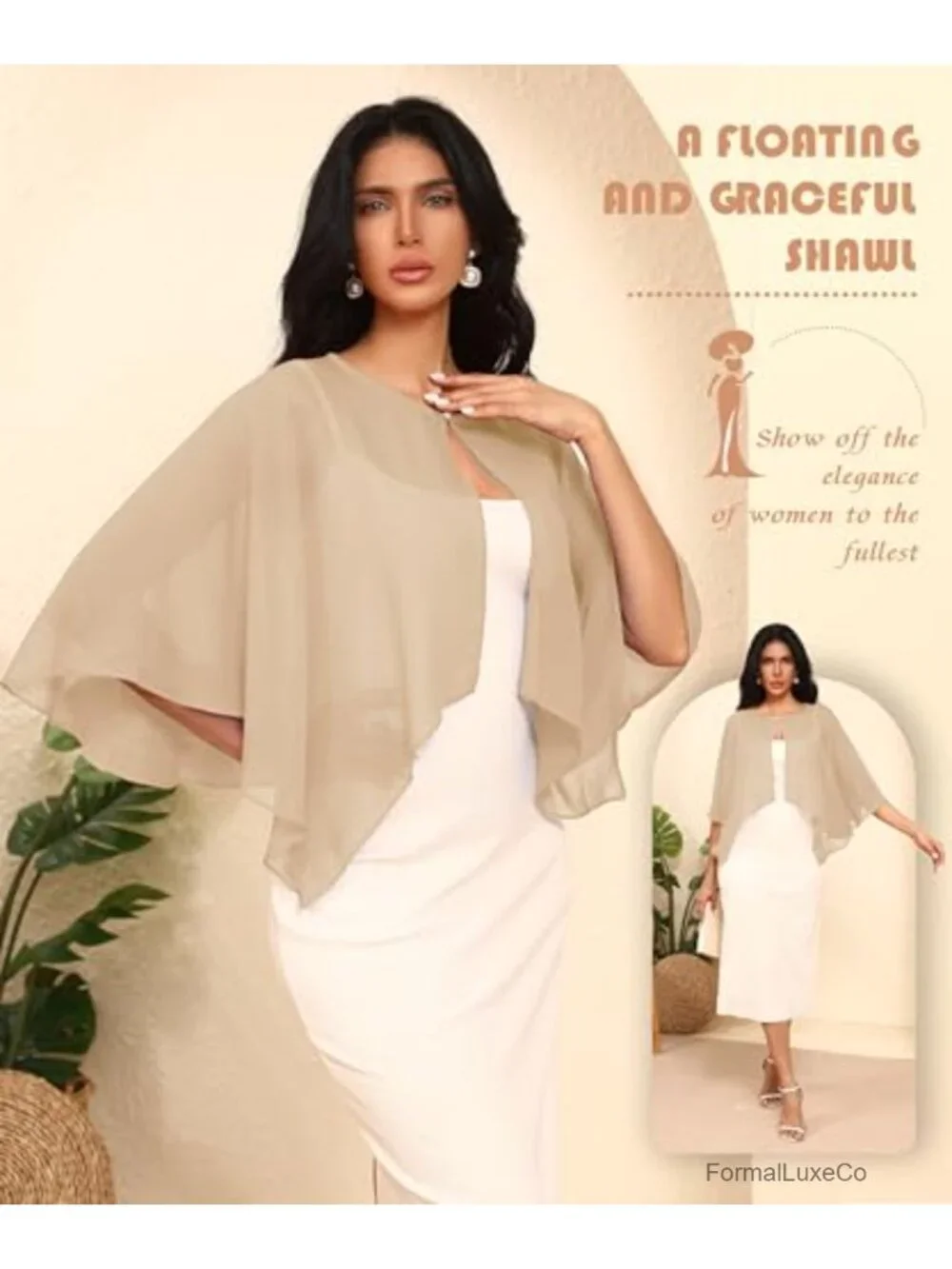 Chiffon Capelet Shawl Wrap for Women, Wedding Cape Cover Up, Bridal Shrug,